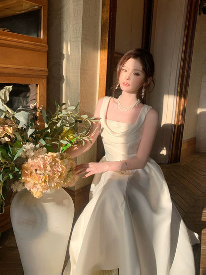 Modest A Line Square Neck Satin Prom Dresses Wedding Guest Dress 20th Birthday Outfits AB2453