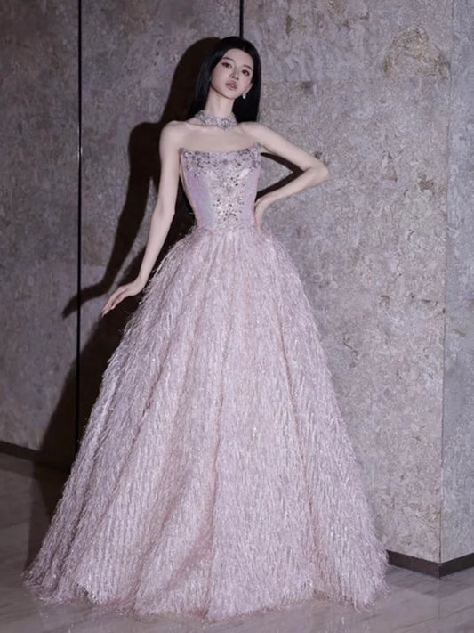 Princess Ball Gown Strapless Pink With Beads Prom Dresses Inspiration Long Party Night Gowns 18th Birthday Outfits AB2233
