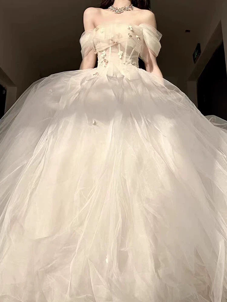 Princess Ball Gown Off The Shoulder Tulle Champagne Prom Dresses Inspiration Long Party Night Gowns 20th Birthday Outfits AB2237