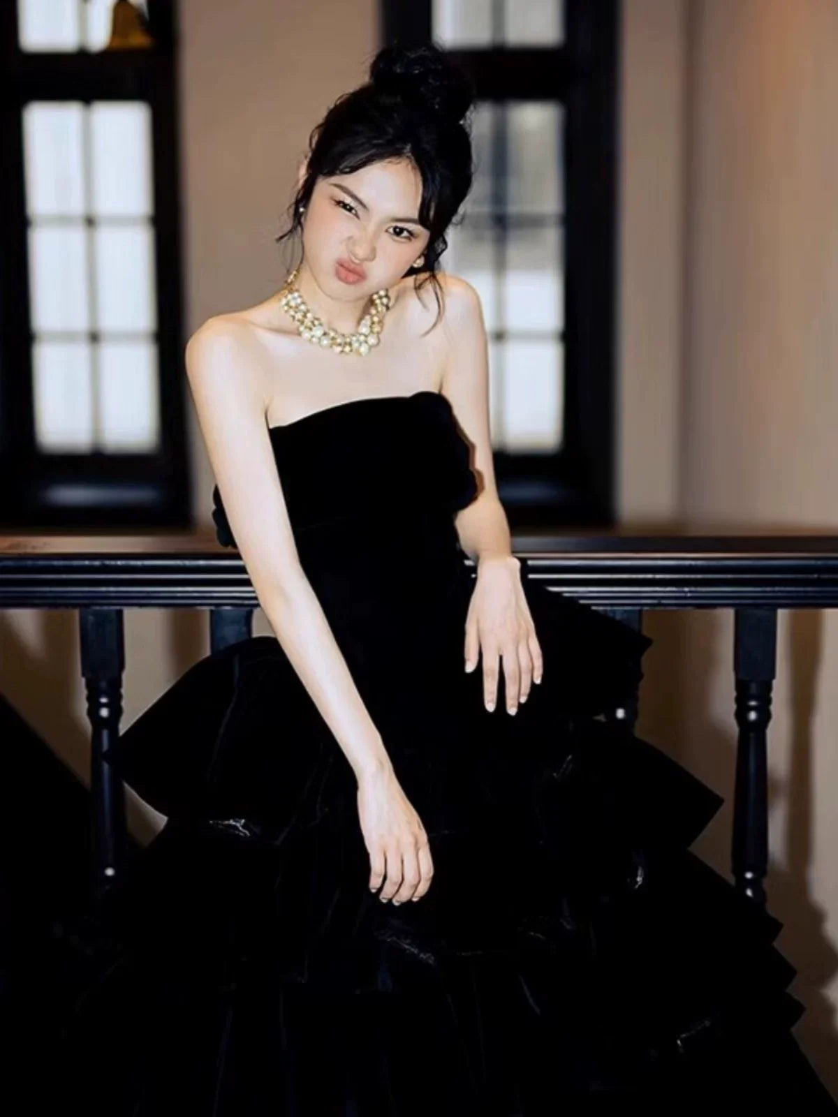 Princess Ball Gown Strapless Black Velvet With Gloves Prom Dresses Inspiration Long Party Night Gowns 18th Birthday Outfits AB2232