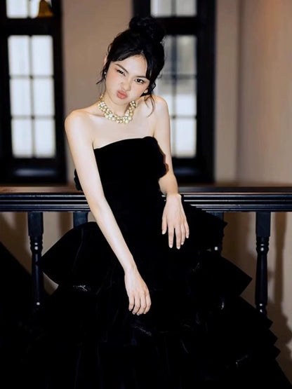 Princess Ball Gown Strapless Black Velvet With Gloves Prom Dresses Inspiration Long Party Night Gowns 18th Birthday Outfits AB2232