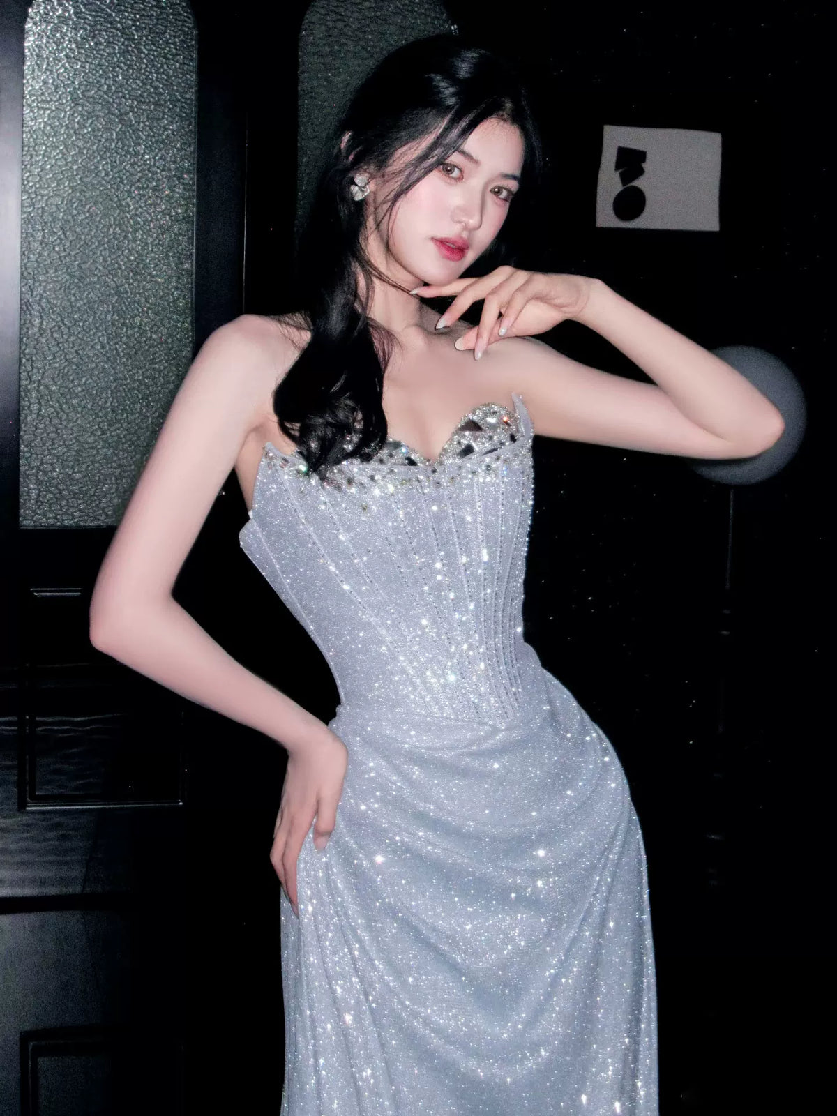 Sparkly Sheath Strapless Blue Sequins Prom Dresses Inspiration Long Party Night Gowns 20th Birthday Outfits AB2239