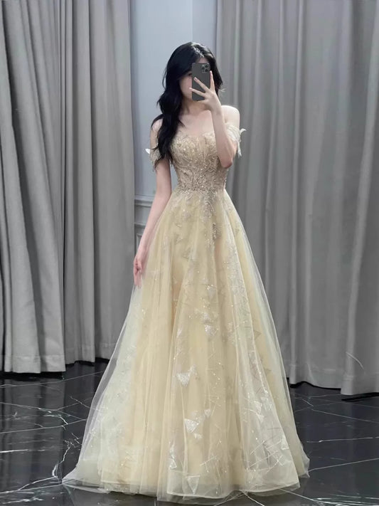 Unique A line Off The Shoulder Gold With Short Sleeves Prom Dresses Inspiration Party Night Gowns 20th Birthday Outfits AB2255