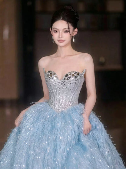 Sparkly Ball Gowns 2026 Strapless Blue With Beaded Cape Prom Dresses Inspiration Long Party Night Evening Gowns 19th Birthday Outfits AB2266