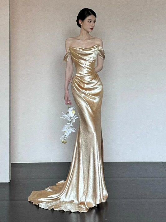 Unique Mermaid Off The Shoulder Gold Long Sleeves Prom Dresses Inspiration Party Night Gowns 20th Birthday Outfits AB2254