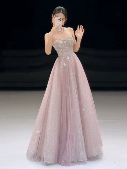 Sparkly A line Strapless Pink Sequins Prom Dresses Inspiration Long Party Night Gowns 20th Birthday Outfits AB2253