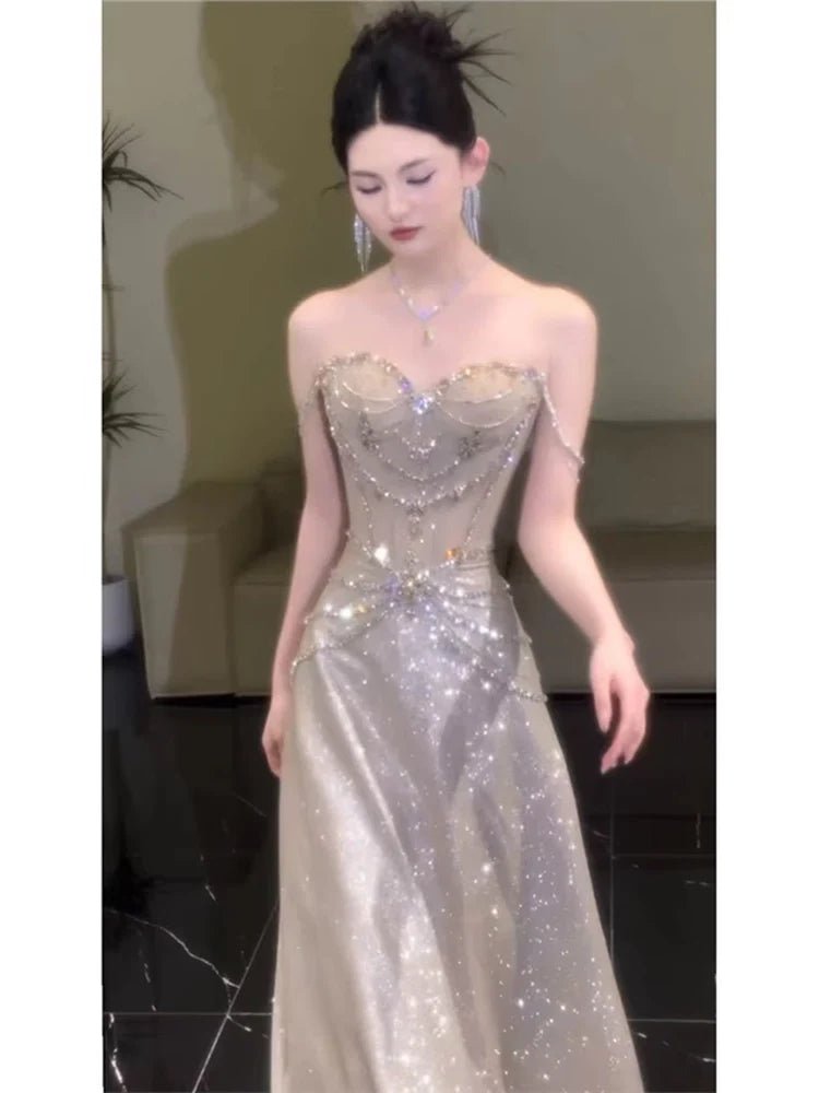 Sparkly A Line Strapless Sequins Prom Dresses Inspiration Long Party Night Gowns 19th Birthday Outfits AB2259