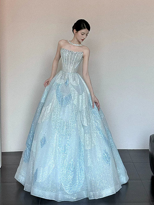 Unique Ball Gown Strapless Blue Prom Dresses Inspiration Long Party Night Gowns 20th Birthday Outfits AB2241
