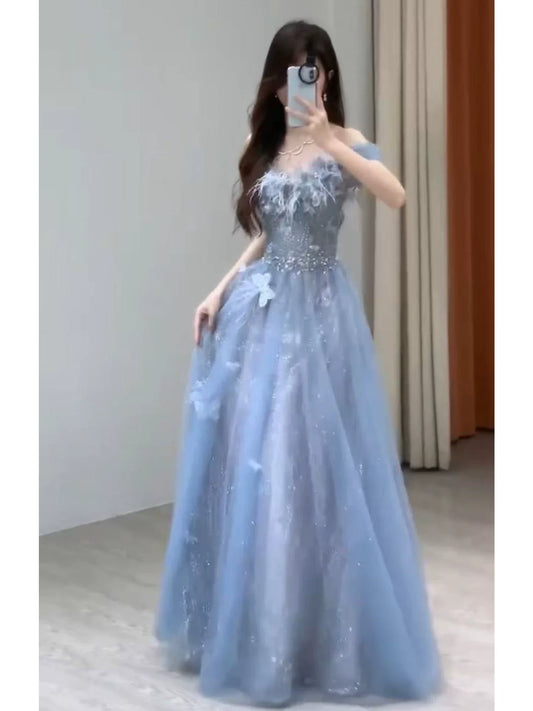 Unique A Line Off The Shoulder Blue Prom Dresses Tulle Inspiration Long Party Night Gowns 20th Birthday Outfits AB2247