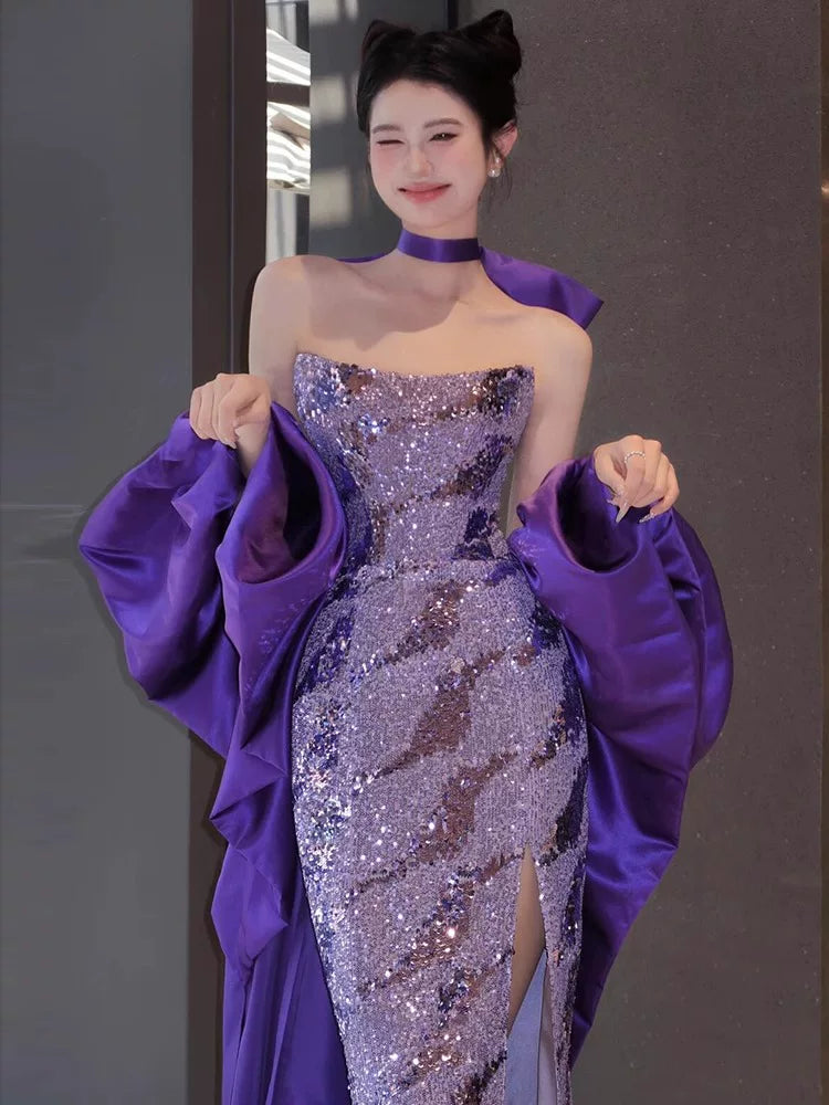 Sparkly Mermaid Strapless Purple Sequins Prom Dresses Inspiration Long Party Night Gowns 20th Birthday Outfits AB2258