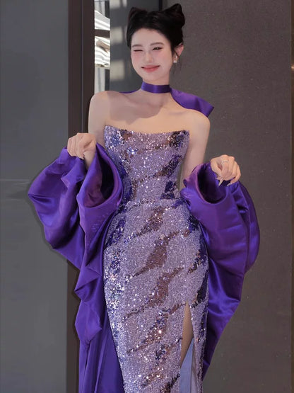 Sparkly Mermaid Strapless Purple Sequins Prom Dresses Inspiration Long Party Night Gowns 20th Birthday Outfits AB2258