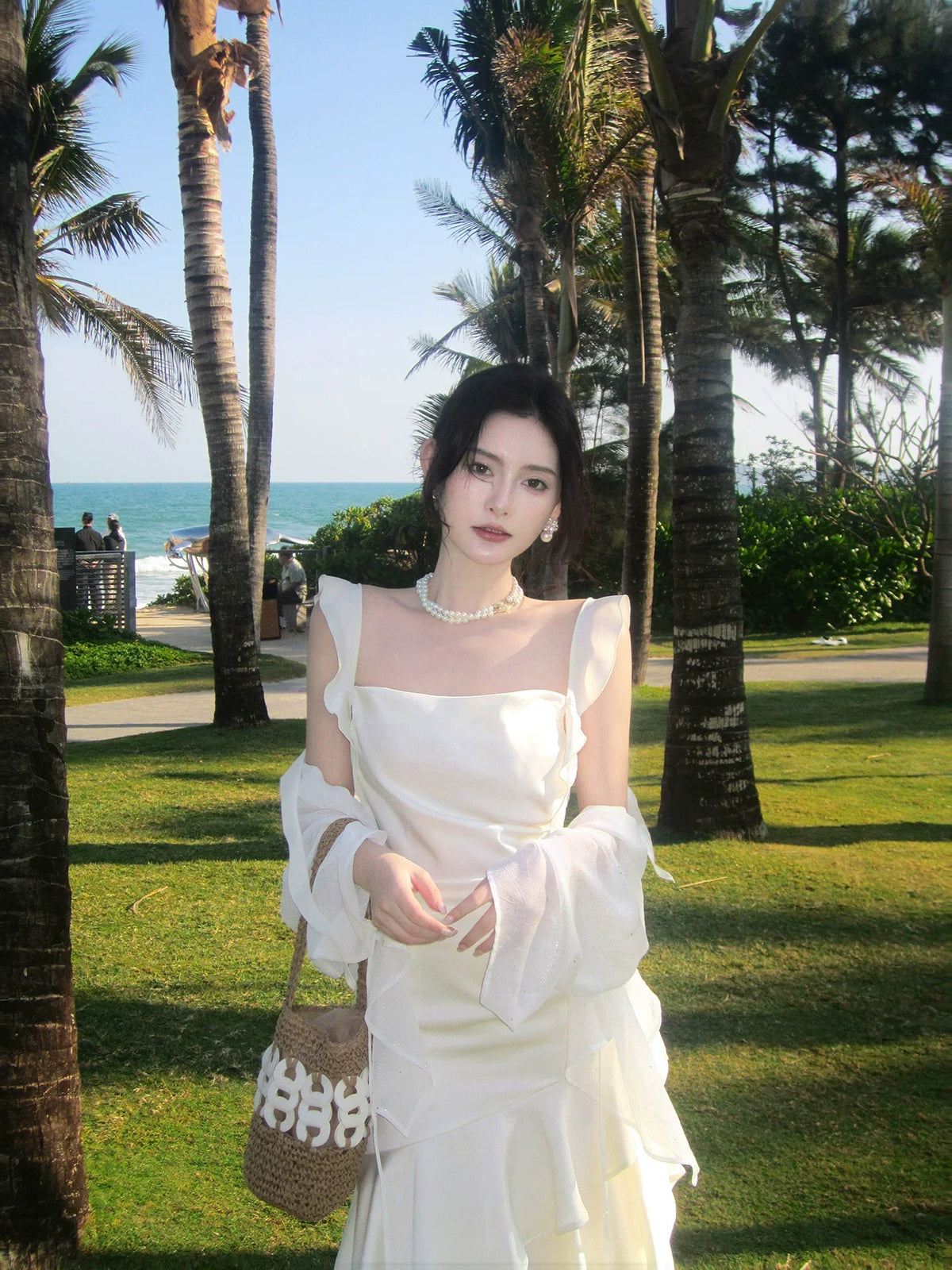 Elegant Mermaid Square Neck White Chiffon Ankle Length Prom Dresses 16th Nigh Party Birthday Outfits AB2416