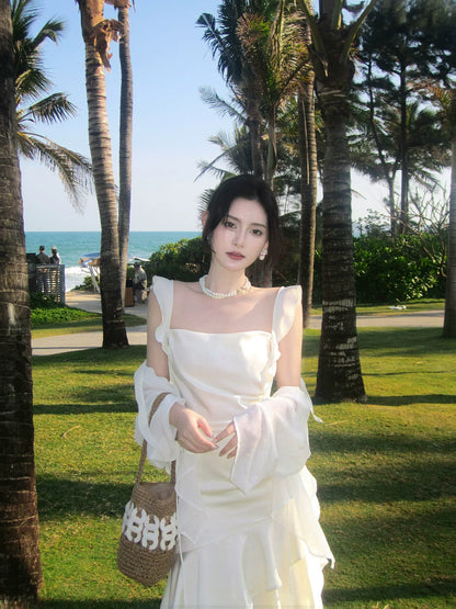 Elegant Mermaid Square Neck White Chiffon Ankle Length Prom Dresses 16th Nigh Party Birthday Outfits AB2416
