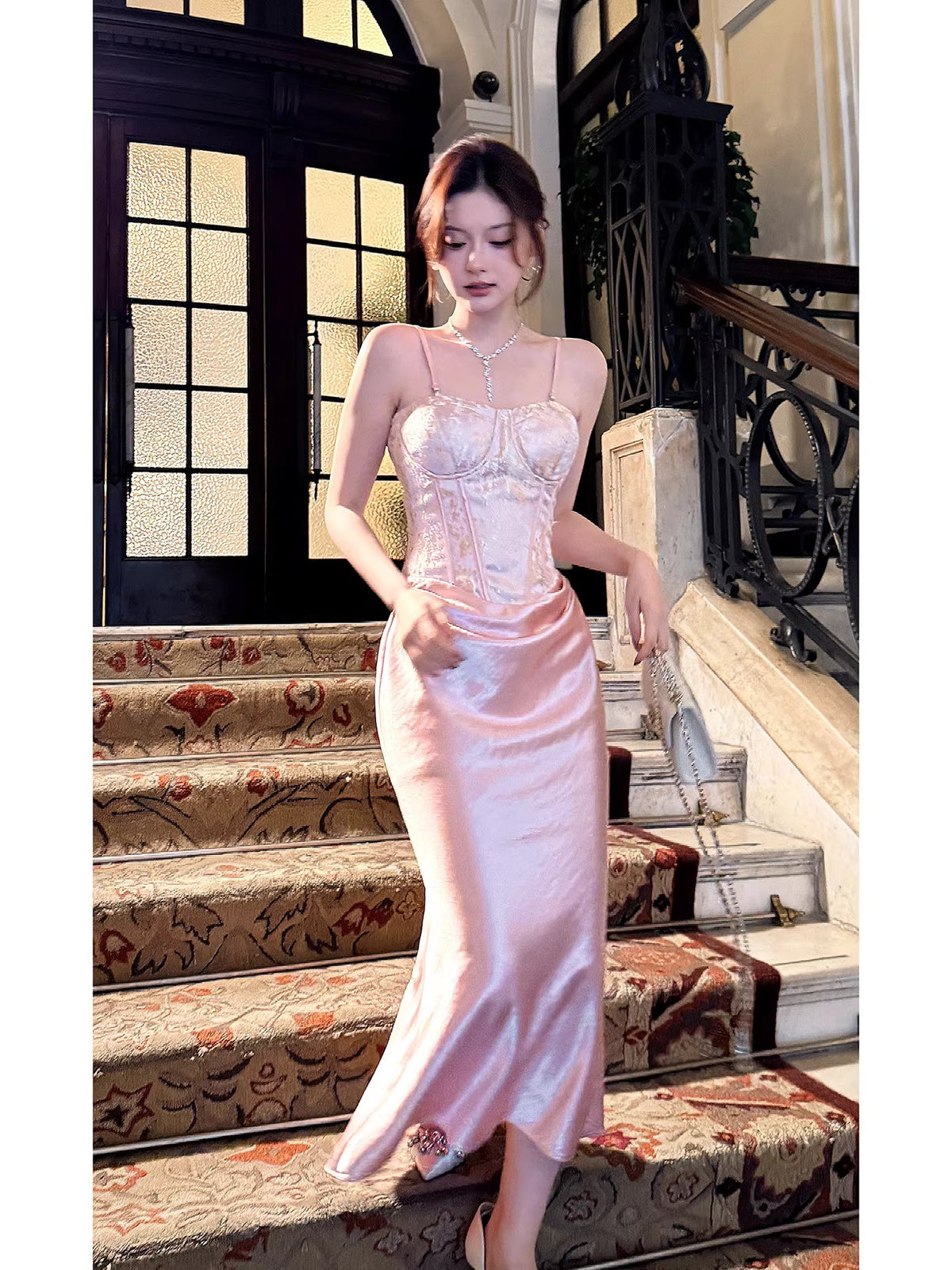 Modest Mermaid Spaghetti Straps Pink Ruffles Long Prom Dresses Wedding Guest Dress 20th Birthday Outfits AB2489