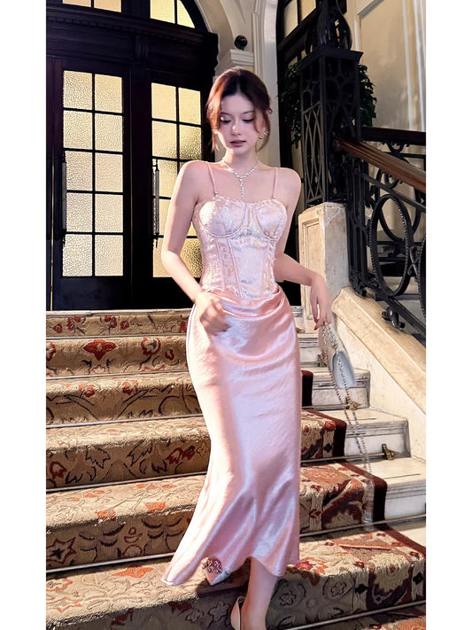 Modest Mermaid Spaghetti Straps Pink Ruffles Long Prom Dresses Wedding Guest Dress 20th Birthday Outfits AB2489