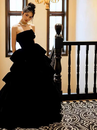 Princess Ball Gown Strapless Black Velvet With Gloves Prom Dresses Inspiration Long Party Night Gowns 18th Birthday Outfits AB2232