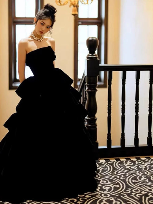 Princess Ball Gown Strapless Black Velvet With Gloves Prom Dresses Inspiration Long Party Night Gowns 18th Birthday Outfits AB2232