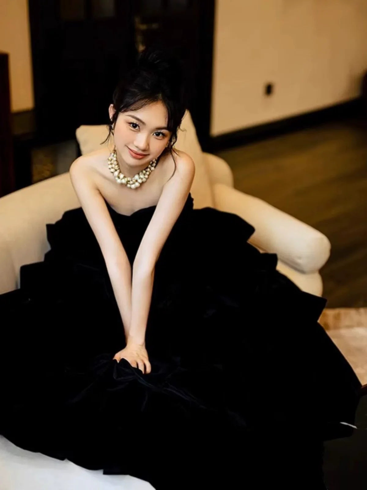 Princess Ball Gown Strapless Black Velvet With Gloves Prom Dresses Inspiration Long Party Night Gowns 18th Birthday Outfits AB2232