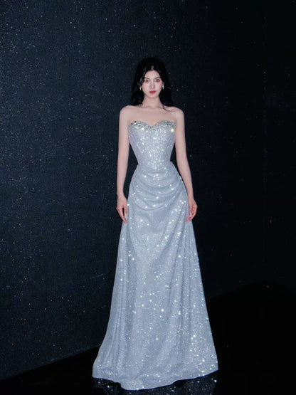 Sparkly Sheath Strapless Blue Sequins Prom Dresses Inspiration Long Party Night Gowns 20th Birthday Outfits AB2239