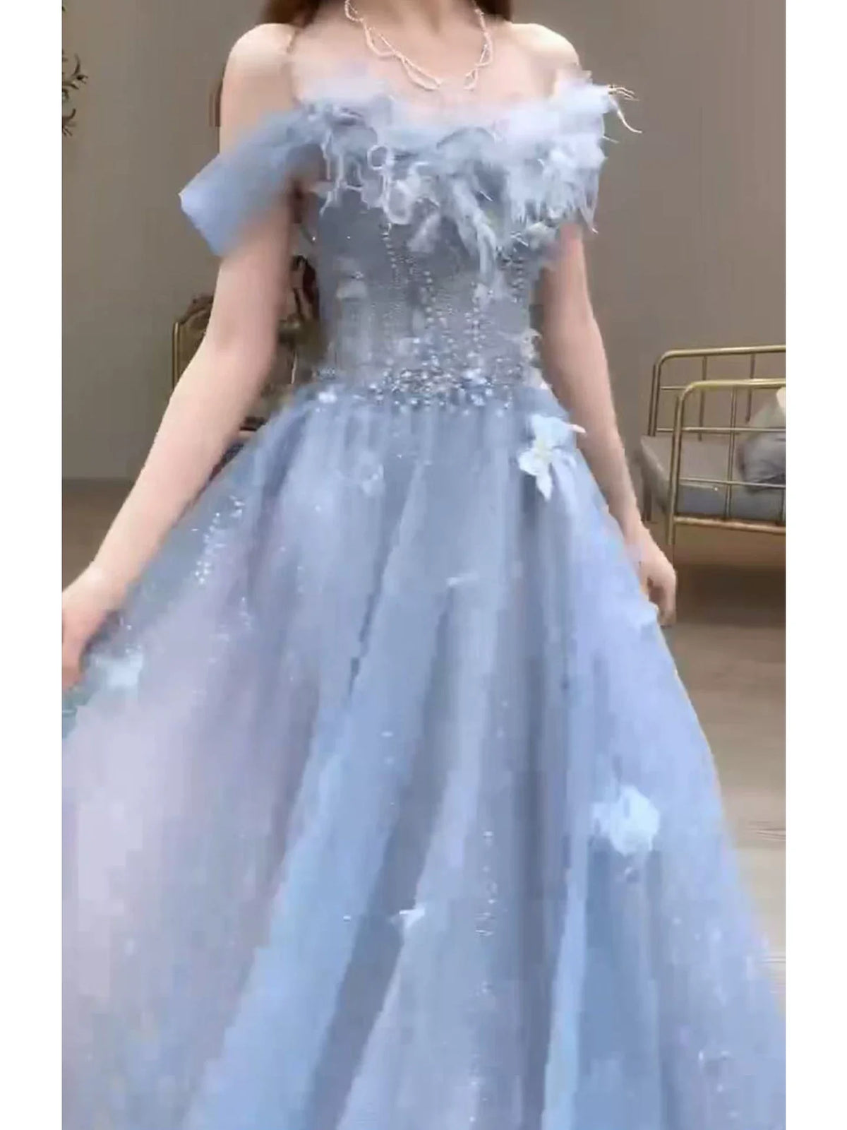 Unique A Line Off The Shoulder Blue Prom Dresses Tulle Inspiration Long Party Night Gowns 20th Birthday Outfits AB2247