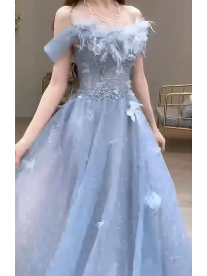 Unique A Line Off The Shoulder Blue Prom Dresses Tulle Inspiration Long Party Night Gowns 20th Birthday Outfits AB2247