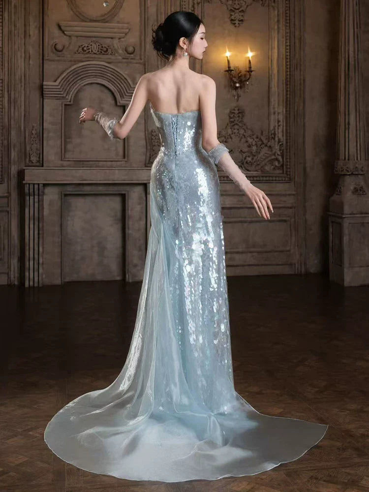 Sparkly Mermaid Strapless Light Sky Blue Sequins Prom Dresses Inspiration Long Party Night Evening Gowns 19th Birthday Outfits AB2262