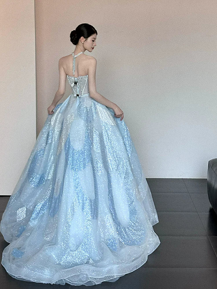 Unique Ball Gown Strapless Blue Prom Dresses Inspiration Long Party Night Gowns 20th Birthday Outfits AB2241
