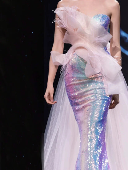 Modest Mermaid Strapless Lilac Sequins Prom Dresses Inspiration Long Party Evening Dress 19th Birthday Outfits AB2282