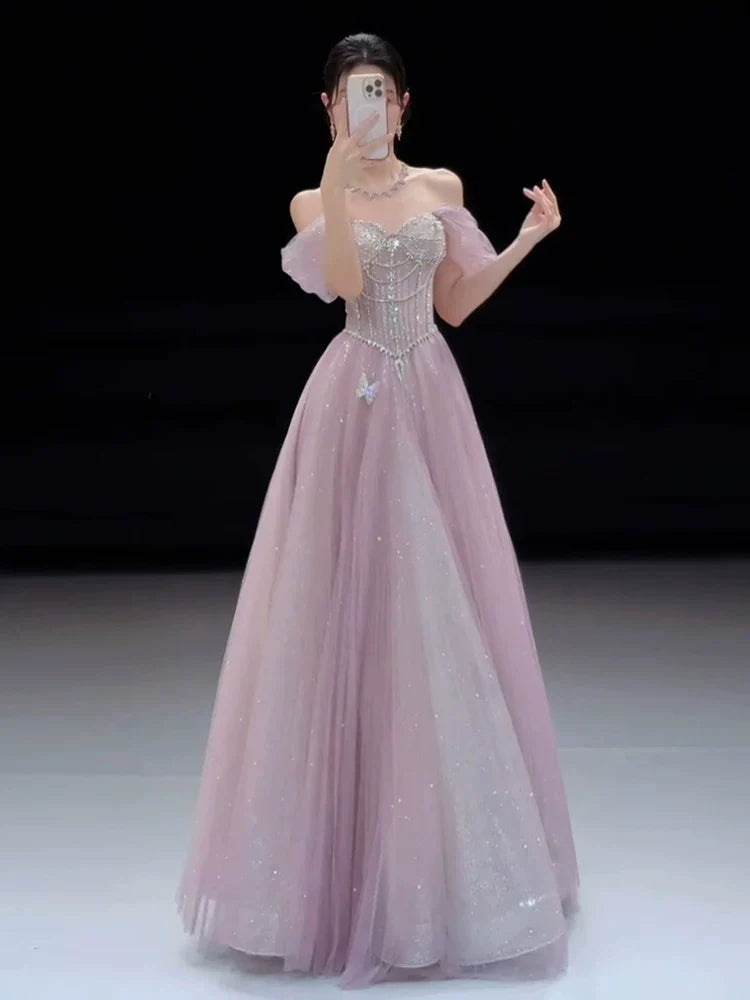 Sparkly A line Strapless Pink Sequins Prom Dresses Inspiration Long Party Night Gowns 20th Birthday Outfits AB2253