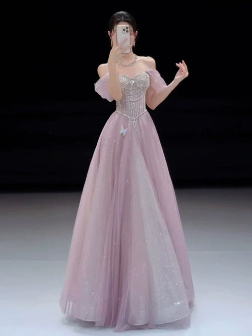 Sparkly A line Strapless Pink Sequins Prom Dresses Inspiration Long Party Night Gowns 20th Birthday Outfits AB2253