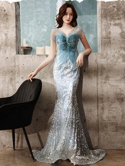 Modest Mermaid Strapless Blue Sequins Prom Dresses Inspiration Long Party Night Evening Dress 20th Birthday Outfits AB2329