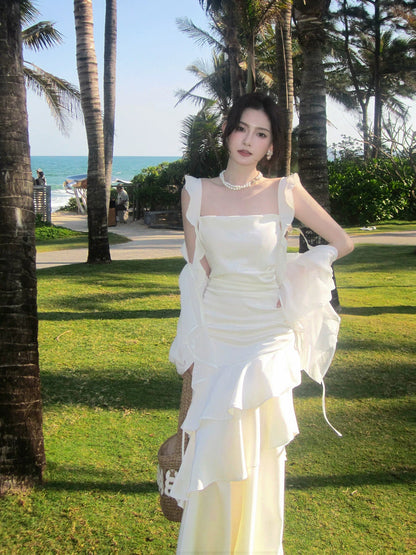 Elegant Mermaid Square Neck White Chiffon Ankle Length Prom Dresses 16th Nigh Party Birthday Outfits AB2416