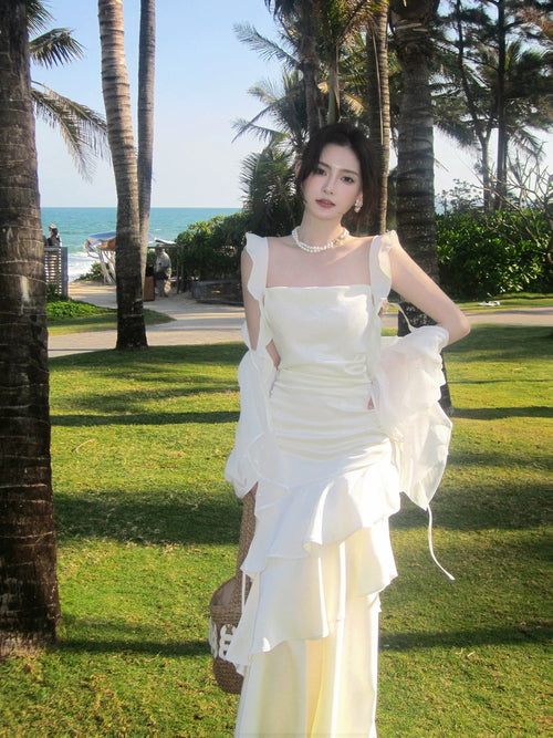 Elegant Mermaid Square Neck White Chiffon Ankle Length Prom Dresses 16th Nigh Party Birthday Outfits AB2416