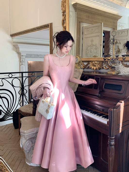 Elegant A Line Square Neck Satin Pink Ankle Length Prom Dresses 17th Nigh Party Birthday Outfits AB2444