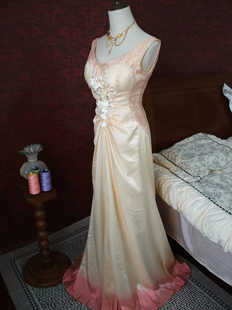 Vintage 1960s Mermaid V Neck Pink With Flowers Lace Prom Dresses Inspiration Long Party Evening Dress 18th Birthday Outfits AB2380