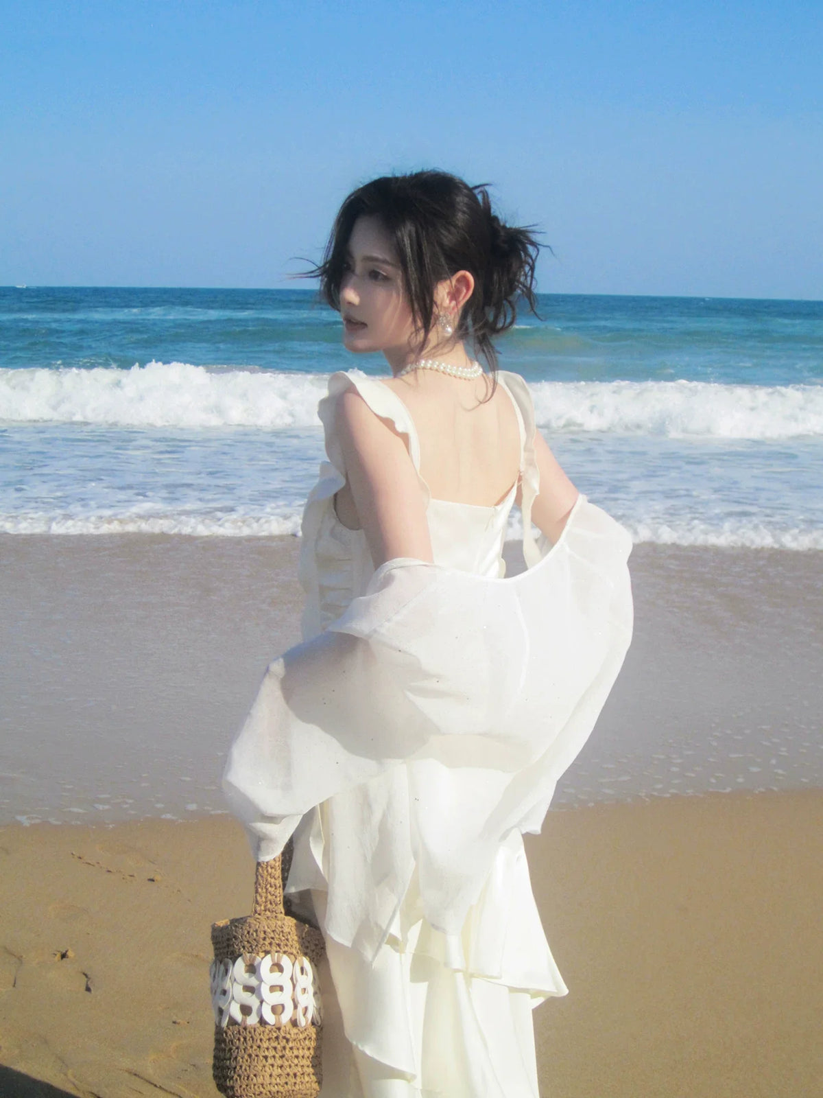 Elegant Mermaid Square Neck White Chiffon Ankle Length Prom Dresses 16th Nigh Party Birthday Outfits AB2416