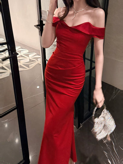 Elegant Mermaid Off The Shoulder Red Long Prom Dresses 16th Nigh Party Birthday Outfits AB2465