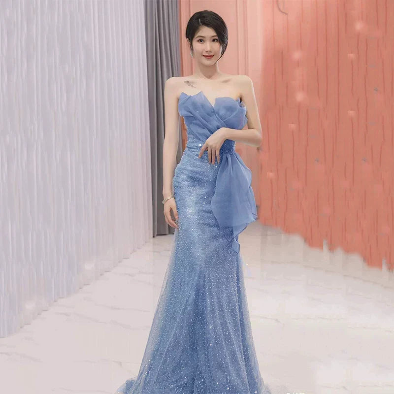 Modest Mermaid Strapless Dusty Blue Sequins Prom Dresses Inspiration Long Party Night Evening Dress 20th Birthday Outfits AB2330