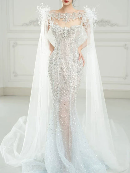 Luxurious Mermaid Scoop Evening Dress Sequins Prom Dress With Cape Long Party Dresses 19th Birthday Outfits AB2326