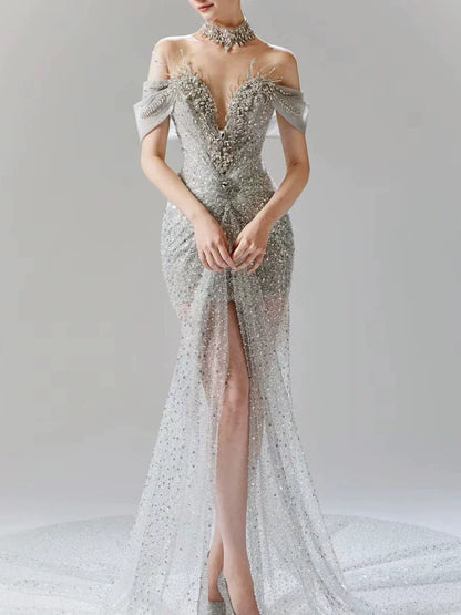 Vintage Silver Gray Mermaid Evening Dress Off The Shoulder Beaded Prom Dress Long Party Dress Birthday Outfits AB2314