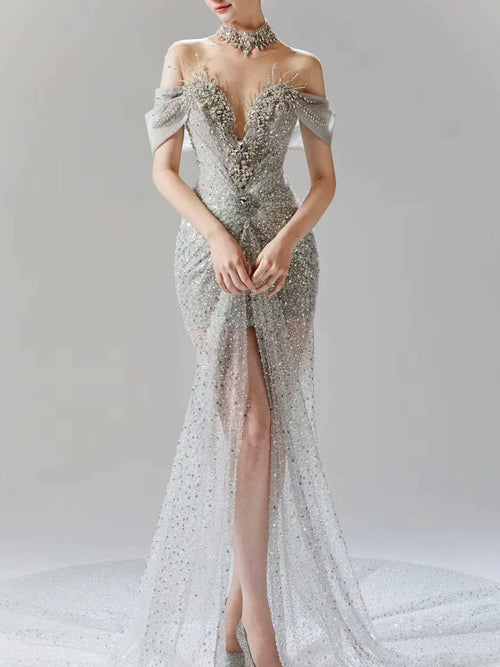Vintage Silver Gray Mermaid Evening Dress Off The Shoulder Beaded Prom Dress Long Party Dress Birthday Outfits AB2314