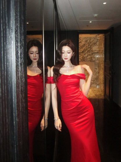 Elegant Mermaid Off The Shoulder Red Long Prom Dresses 16th Nigh Party Birthday Outfits AB2465