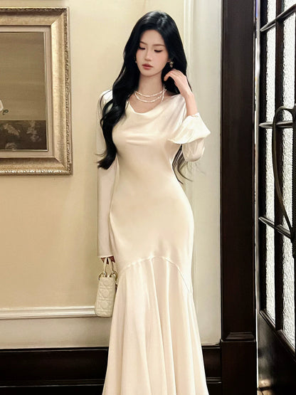 Chic Mermaid Cowl Neck White Satin Ankle Length Long Sleeves Prom Dresses Wedding Guest Dress 20th Birthday Outfits AB2478