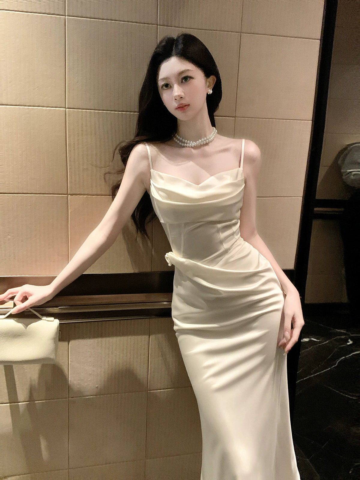 Modest Mermaid Spaghetti Straps Satin Ivory Prom Dresses Wedding Guest Gown 18th Nigh Party Birthday Outfits AB2425