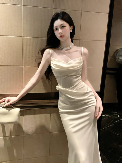 Modest Mermaid Spaghetti Straps Satin Ivory Prom Dresses Wedding Guest Gown 18th Nigh Party Birthday Outfits AB2425