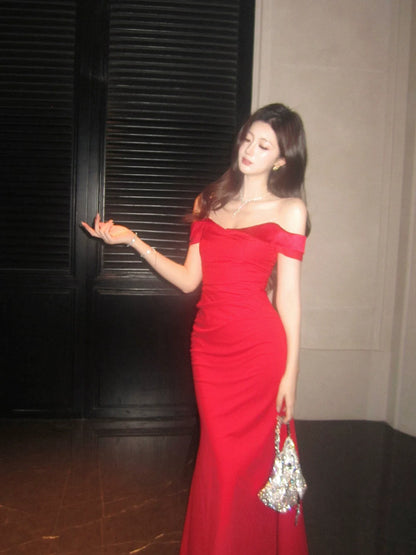 Elegant Mermaid Off The Shoulder Red Long Prom Dresses 16th Nigh Party Birthday Outfits AB2465