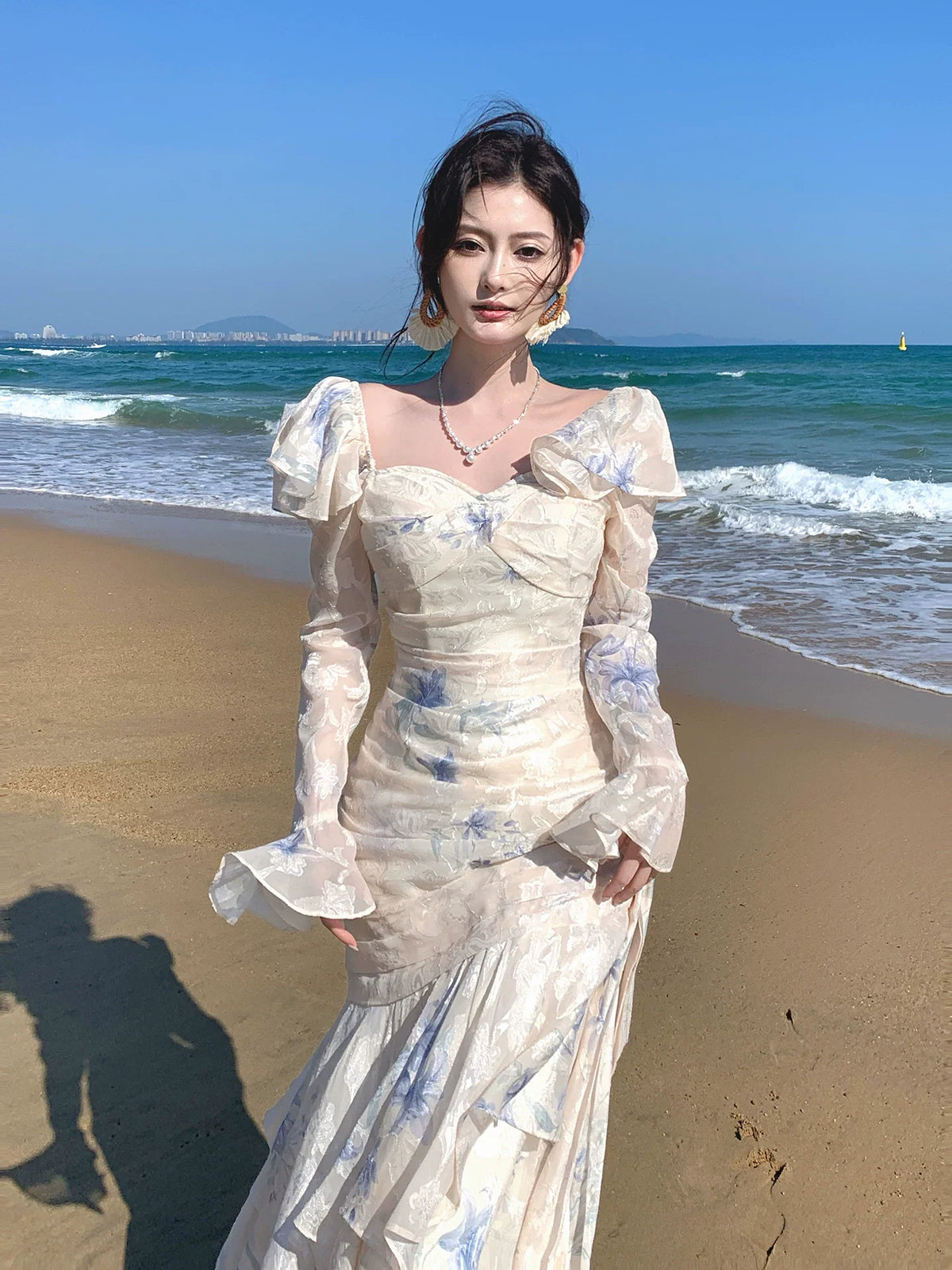 Elegant Mermaid Square Neck Floral Chiffon Blue Long Sleeves Prom Dresses 16th Nigh Party Birthday Outfits AB2466