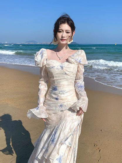 Elegant Mermaid Square Neck Floral Chiffon Blue Long Sleeves Prom Dresses 16th Nigh Party Birthday Outfits AB2466