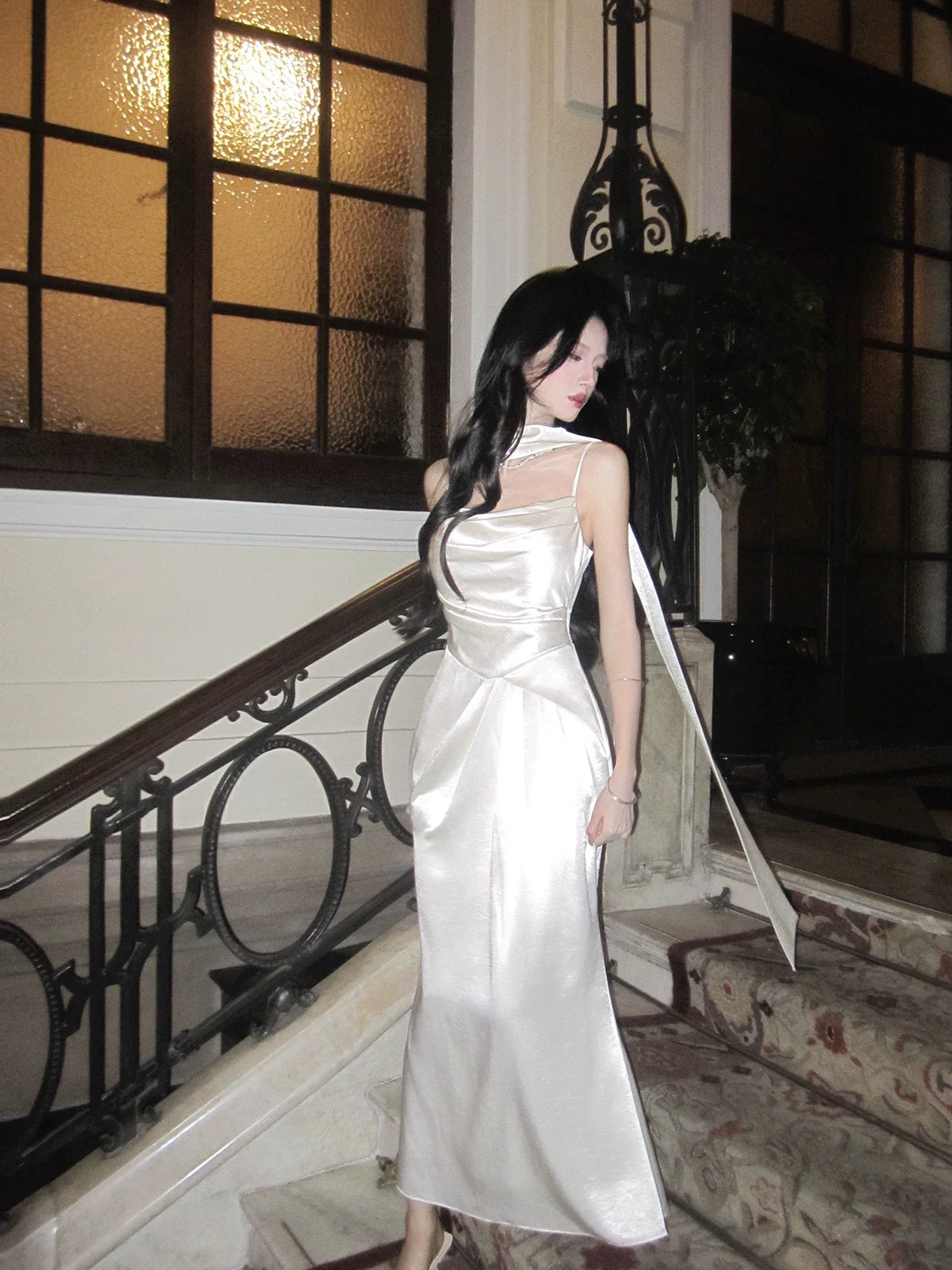 Modest A Line Spaghetti Straps Ivory Satin Long With Scarf Prom Dresses Wedding Guest Dress 16th Birthday Outfits AB2449