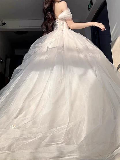 Princess Ball Gown Off The Shoulder Tulle Champagne Prom Dresses Inspiration Long Party Night Gowns 20th Birthday Outfits AB2237